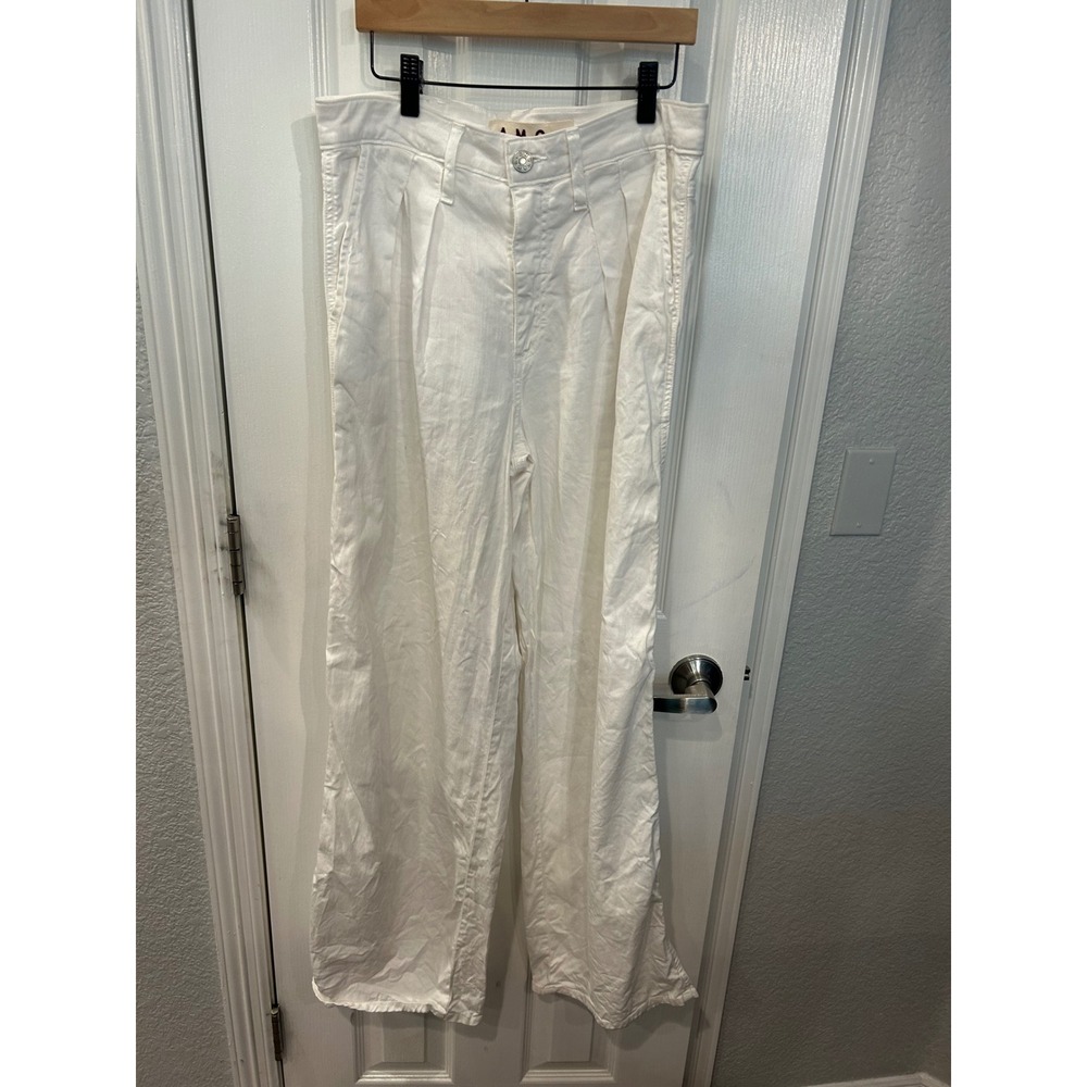 AMO Sheryl Trouser White Linen Blend Pleated Wide Leg Pants Size 26 High Rise